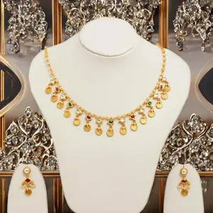 Traditional Gold <b>Necklace</b> <b>Set</b> with <b>Pearl</b> Drops and Red Green Stone Accents Elegant Indian Bridal Jewelry Design - Product Image 3