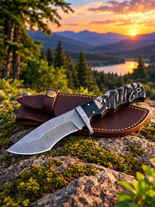 Handmade Industrial Grade Damascus Guthook Knife with Ram`s Horn Handle and <b>Leather</b> Sheath for Outdoor Camping - Product Image 5