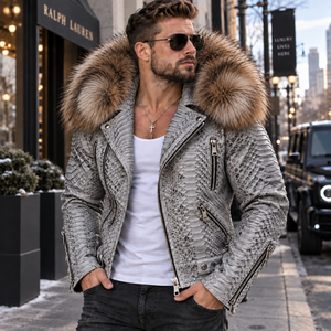 Men's Embossed Python <b>Leather</b> <b>Biker</b> <b>Jacket</b> Breathable Summer Casual Style - Product Image 6