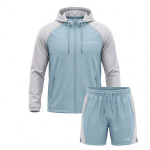 Conjunto deportivo de sudadera con capucha y cremallera y pantalones cortos para hombre, personalizado de fábrica, ligero, transpirable, para fitness al aire libre. - Product Image 1
