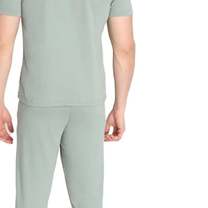 Men's Light Green Crew Neck Short Sleeve T-Shirt Full Length Pants Solid Color Casual Tracksuit Breathable 100% Cotton Tracksuit - Product Image 3