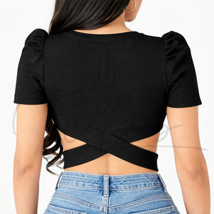 Tops Cortos de Mujer al por Mayor, con Logotipo Personalizado, Tejido a Crochet en la Parte Delantera, Sólidos, Casuales - Product Image 3