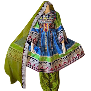 Classic Afghan Kuchi Dress Multi Color <b>Mirror</b> Work Chest Piece Intricate Silver Border Embroidery Traditional Afghan Kuchi Dress - Product Image 2