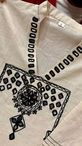 Premium <b>Ladies</b> Cotton Look Embroidered Kurti Pant Set Beige Straight <b>Kurta</b> Co Ord Set Wholesale - Product Image 2