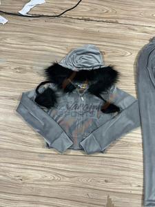 Wholesale <b>Women</b> Rhinestone <b>Velour</b> <b>Tracksuit</b> Zip Up Crop Hoodie With Faux Fur Trim - Product Image 3
