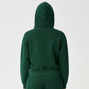 Customized 500 GSM Acid Washed Zip Front Hoodies Embroidery Women's Heavyweight 100% Cotton Fleece Streetwear Cropped Hoodie - Product Image 5