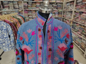 Women's Blue Knitted Mandarin Collar Jacket With Hand Embroidery Floral Pattern Full Sleeve Autumn Wear <b>gift</b> for her - Product Image 4
