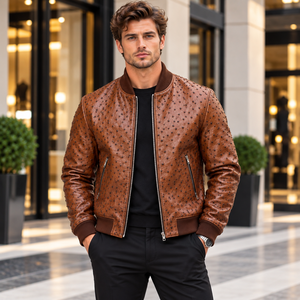 Herren-Skinjacke mit Reißverschluss, Kettendetail und gerippter Kragen Moderner Bomber-Stil Handgefertigter Großhandelslieferant - Product Image 5