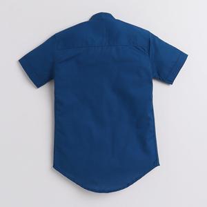 Polka Tots Media manga corta Kurta Floral Placket y roll over loop-Azul oscuro - Product Image 2