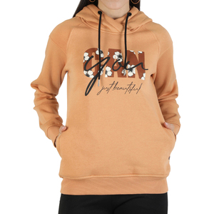 Women's Solid <b>Orange</b> Hooded Sweatshirt Floral Letter Print Full Sleeve Polyester/Cotton <b>Fleece</b> Knitted Winter Wear Front Logo - Product Image 3