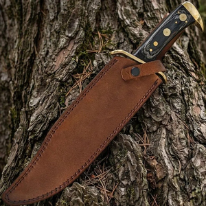 Couteau Bowie en acier Damas fait main, manche en bois, bord biseauté, pointe tombante, couteau de chasse avec étui en cuir - Product Image 3