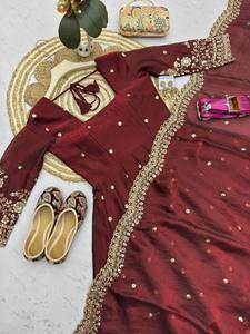 Ensemble Anarkali brodé marron avec dupatta, tenue traditionnelle indienne et pakistanaise pour femme, coupe ample, longueur cheville, en rayonne, idéal pour les mariages - Product Image 3