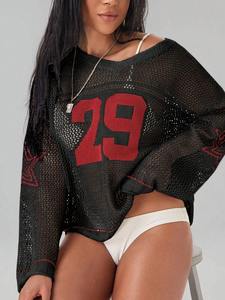 Vente en gros de pulls en jersey tricoté pour femmes, maille ajourée, taille XXL, numéro 29, col en V, transparent, streetwear, maillot de football américain - Product Image 3