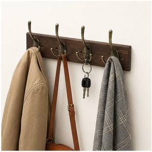 Porte-manteau mural avec 4 crochets en laiton antique, organisateur d'entrée en bois massif pour manteaux, chapeaux et sacs, au prix le plus bas - Product Image 4