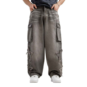 Custom High Quality Mens Cargo Baggy Jeans Printed Dirty Denim Vintage Washed <b>Pant</b> Dark Straight Fit and Pockets Jeans <b>Pant</b> - Product Image 1