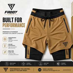 Shorts de sport pour homme 2 en 1 personnalisés, couleur camel, avec doublure de compression, poches zippées, cordon de serrage, pour l'entraînement physique, marque privée - Product Image 6