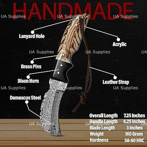 มีดทำมือเหล็กดามัสกัสเกรดอุตสาหกรรม ใบมีดแบบ Fixed Blade ปลายแหลม สำหรับพกพาและตั้งแคมป์ ด้ามจับรูปทรงกรวยสน พร้อมปลอกมีด - Product Image 2