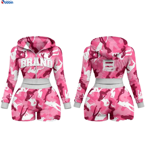 Conjunto Deportivo Corto de Verano para Mujer, Estilo Hip Hop, Color Rosa Camuflaje, 2 Piezas, Sudadera con Capucha y Pantalones Cortos, Manga Larga con Cierre, Ropa Deportiva Informal y Transpirable - Product Image 1
