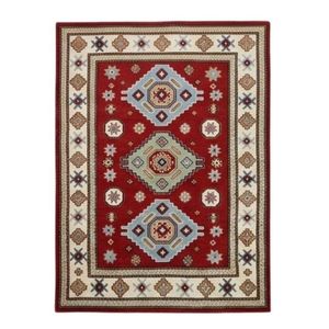Tapis géométrique oriental rectangulaire rouge en laine et acrylique noué à la main, à poils moyens, avec envers antidérapant en caoutchouc, pour la décoration du salon - Product Image 1