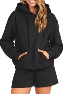 Conjunto de Sudadera con Capucha Gris para Mujer, Manga Larga, Color Sólido, Pantalones Cortos de Algodón Tejido, Traje Informal para Primavera/Verano - Product Image 3