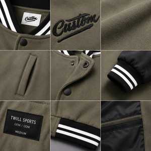Chaqueta Varsity Personalizada con Bordado, de Lana/Poliéster, con Calefacción, para Hombre, Color Verde Oliva con Mangas Negras, Estilo Casual, para Invierno - Product Image 5