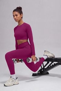 Purple Seamless Yoga Set Women High Waist Leggings <b>Crop</b> <b>Top</b> Full <b>Sleeve</b> Sport Wear Two Piece Gym Outfit Stretchable Activewear - Product Image 3