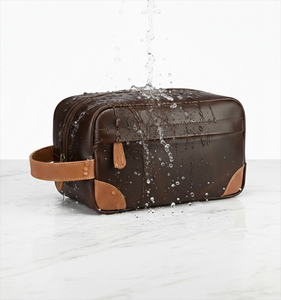 Classic Leather Toiletry Bag Rectangle Shape Durable Travel Storage Bag for Men <b>Brown</b> with Tan Accents - Product Image 3