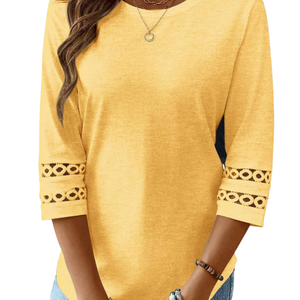Blusa Casual de Verano para Mujer, Cuello Redondo, Manga Tres Cuartos, Corte Regular, 100% Algodón, Transpirable, con Detalle de Encaje, para Uso Diario - Product Image 3