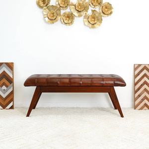 Banc d'entrée/chambre moderne en cuir marron et bois de teck de 49 pouces, banc rembourré en bois pour couloir, disponible en gros - Product Image 6