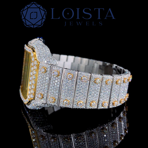 Luxury iced out diamond wristwatch square dial with <b>red</b> numeral markers rose gold accents crystal bezel silver <b>bracelet</b> - Product Image 3
