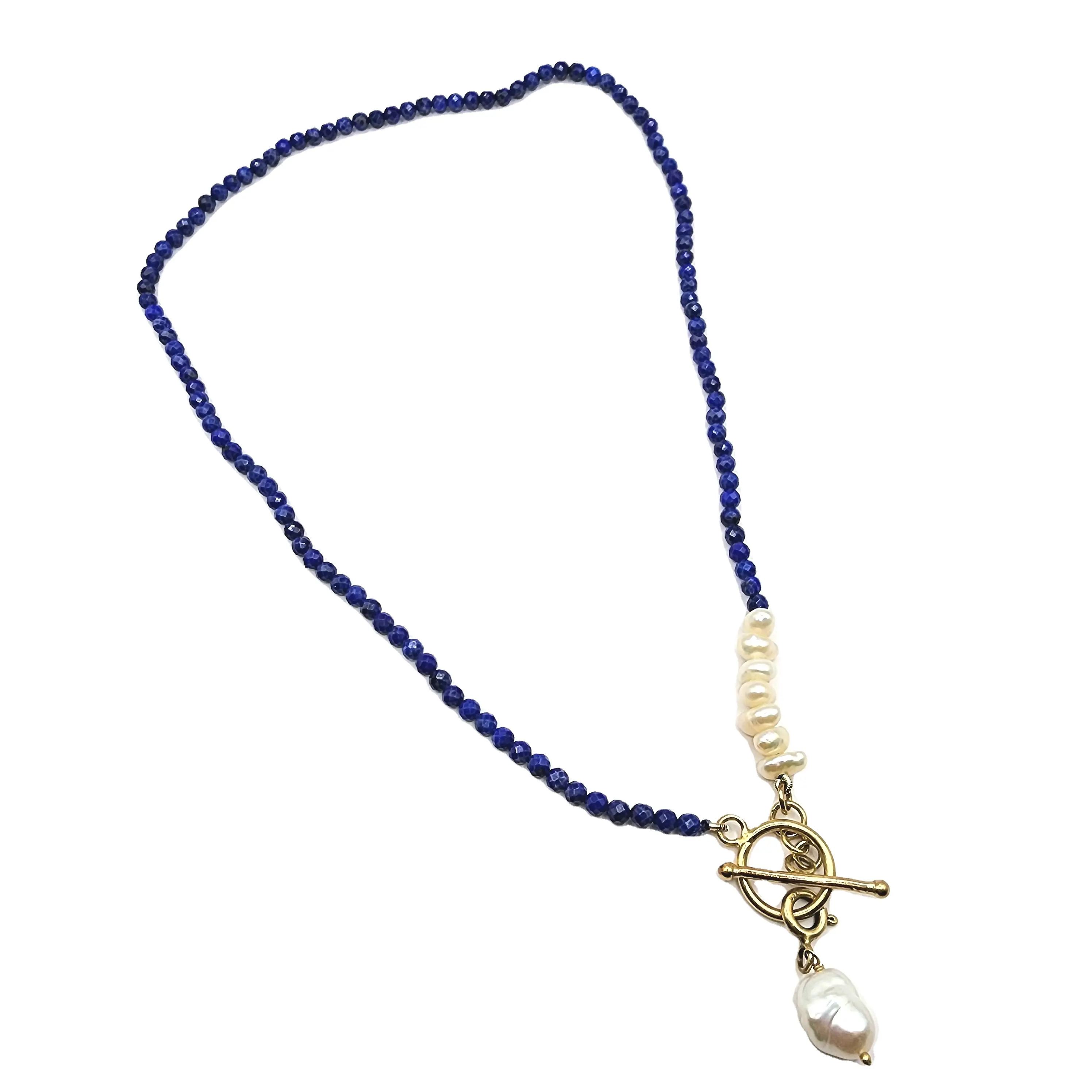 Bella catena di collo con perline a mano IN pietra preziosa naturale lapislazzuli con perla barocca con chiusura a levetta IN argento Sterling