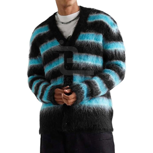 <b>Men's</b> Striped Knitted <b>Cardigan</b> Sweater Black And Blue <b>Long</b> Sleeve Thick Winter Wear Button Closure Full Sleeve - Product Image 2