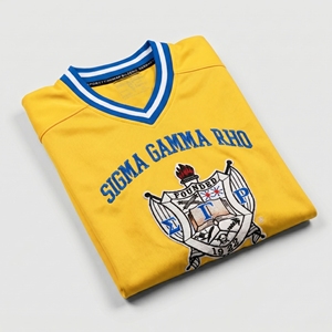 Maillot de basket jaune pour homme Sigma Gamma Rho, col en V, manches courtes, logo imprimé, polyester à séchage rapide - Product Image 3