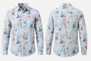 เสื้อเชิ้ตฮาวายลายดอกไม้สำหรับผู้ชาย ผ้าฝ้าย 100% พิมพ์ลายทอ ปกคอพับ สวมใส่สบายๆ ในฤดูร้อน ติดกระดุม แขนยาว ยืดได้ - Product Image 1