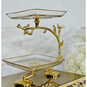 Two Tier Prime Quality Marble And Metal Cake Stand With Gold Leaf Stem Multi Layer Design For Elegant Home <b>Table</b> Decor Display - Product Image 4