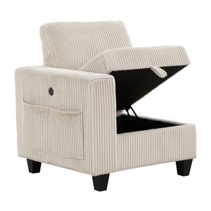 Moderna Poltrona da Soggiorno in Tessuto Corduroy Beige con Tasca Portaoggetti e Porte di Ricarica - Rivestimento in Tessuto - Product Image 2
