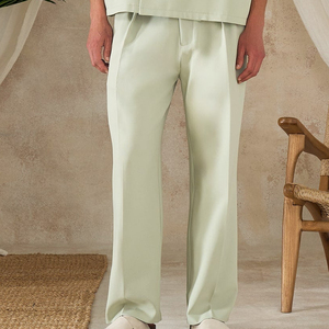 Pantalon droit vert clair pour homme avec ceinture, coupe décontractée élégante, tissu polyester mi-lourd, idéal pour l'été - Product Image 4