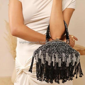Beaded Clutch Bag With Tassels Handmade Evening Party <b>Handbag</b> Elegant Style Ring Strap Flap Closure - Product Image 1