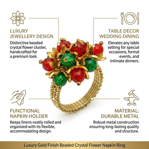 Luxury Jewellery Design Napkin <b>Rings</b> Gold Finish Beaded Crystal Flower | Table Decor Wedding Dining Napkin Holder Set Home Decor - Product Image 5