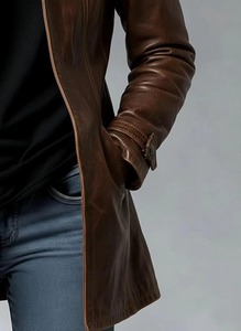 Blazer long en cuir d'agneau véritable marron fait main pour femmes - Product Image 3