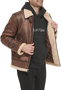 <b>Brown</b> <b>Leather</b> <b>Jacket</b> <b>Men</b> Zip Up Turn Down Collar Sherpa Lined Moto Biker Style Winter Outerwear - Product Image 6