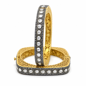 Heritage 925 Sterling Silver Gold Plated Kundan Polki Square <b>Bangle</b> with Antique Black Rhodium Finish - Product Image 3