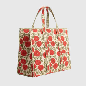 Bolso Tote de Algodón Estilo Bohemio con Estampado de Amapolas Rojas, Forro a Rayas, Parte Superior Abierta, para Compras, para Todas las Temporadas - Product Image 3