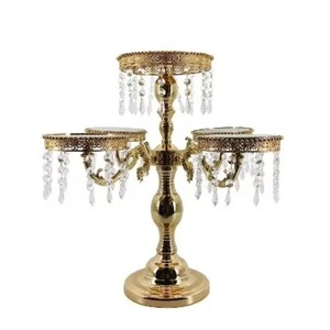 Gold Multi Layer <b>Cake</b> <b>Stand</b> With Crystal Drops Handmade Metal Decorative Display <b>Stand</b> - Product Image 1