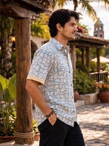 Premium Handcrafted Men’s Block Print Cotton <b>Half</b> Sleeve <b>Shirt</b> Geometric Border Embroidery Stylish Classic Fit <b>Button</b>-Down <b>Shirt</b> - Product Image 2