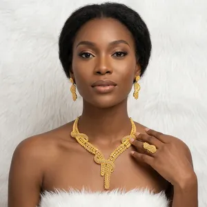 New Arrival African Gold Plated Floral Jewelry Set for Women Nigerian Bridal Wedding Fashion Necklace Earrings Ring - Product Image 3