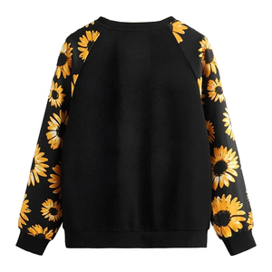 Black Floral Sunflower Print <b>Raglan</b> Sleeve Pullover Sweatshirt O-Neck Loose Fit Casual Unisex Knitted <b>Top</b> Autumn Wear - Product Image 2