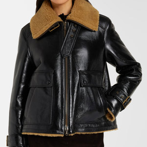 Women's Genuine Leather Bomber Jacket With Fur Collar <b>Zipper</b> Closure Full Sleeve Winter Coat Thick Windproof Shearling Lining - Product Image 3