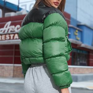 Women's Green Quilted Puffer <b>Jacket</b> With Black Contrast Shoulder Full <b>Sleeve</b> <b>Short</b> Winter Coat Polyester Wadding Zipper Closure - Product Image 1