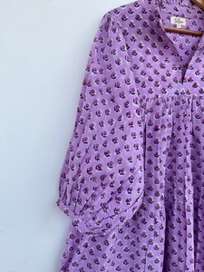 Vestido Maxi Morado Floral de Manga Larga para Mujer, Holgado, Ligero, de Verano, de Algodón Puro, con Fruncido, para Uso Diario - Product Image 5